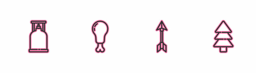 Set line Camping gas stove, Hipster arrow, Chicken leg and Tree icon. Vector