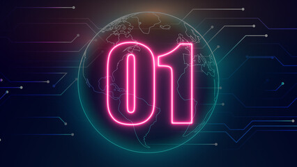 Neon number on black background. Learning numbers, serial number, price, place. 