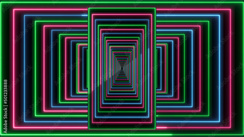 Poster neon tunnel background. neon line movement background animation.