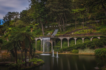 Panoramic view of Monte tropical garden with exotic vegetation surrounding the pond in Madeira island in Portugal. Long exposure picture. October 2021