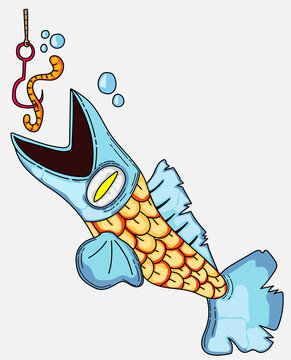 cartoon fish that will eat the worm that is on the fishing hook