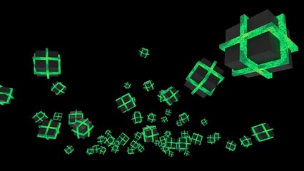 Green illuminated cubes under black background. Block chain network technology concept illustration. 3D illustration. 3D CG. 3D high quality rendering. 
