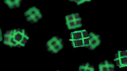 Fototapeta premium Green illuminated cubes under black background. Block chain network technology concept illustration. 3D illustration. 3D CG. 3D high quality rendering. 