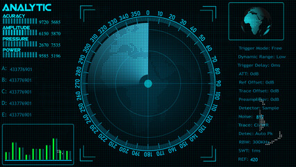 Technology interface HUD rotating on dark virtual screen with animated interface .radar HUD animation. Radar Gaps Navigation Screen Display ,bullet Shot & Futuristic Tracking.	