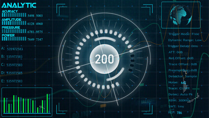 Obraz premium Technology interface HUD rotating on dark virtual screen with animated interface .radar HUD animation. Radar Gaps Navigation Screen Display ,bullet Shot & Futuristic Tracking. 