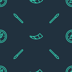 Set line Hunting horn, Medieval spear and Compass on seamless pattern. Vector