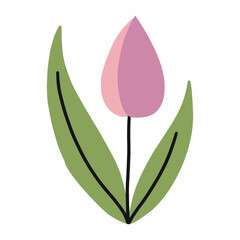 Cute pink tulip. Card decor element. Vector isolated image. Cute flower sticker. Beautiful flower in doodle style . Spring plant.
