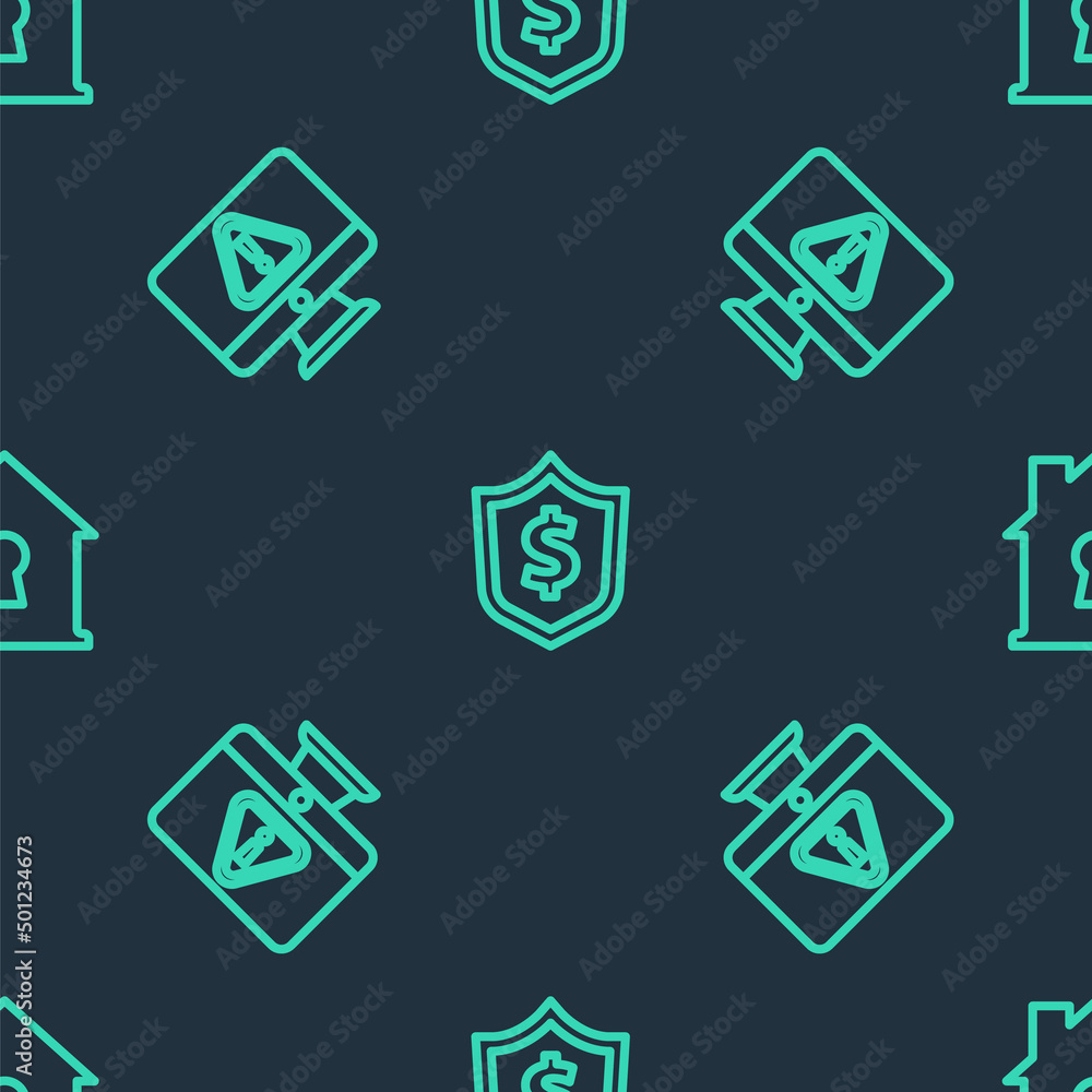 Poster set line shield with dollar, monitor exclamation mark and house under protection on seamless pattern