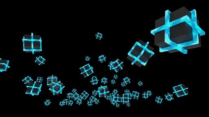 Blue illuminated cubes under black background. Block chain network technology concept illustration. 3D illustration. 3D CG. 3D high quality rendering. 
