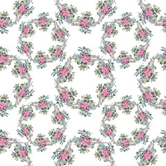 Seamless pattern with watercolor circle frame border template for design. Branch flower dog rose on white background. Hand-drawn summer plant with leaves. Art with copy space. For wedding invitation