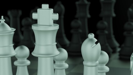 Silver-bronze chess figures on a board under white-green flare background. Chess board game concept of business ideas and competition and strategy ideas concept. 3D illustration under selective focus.