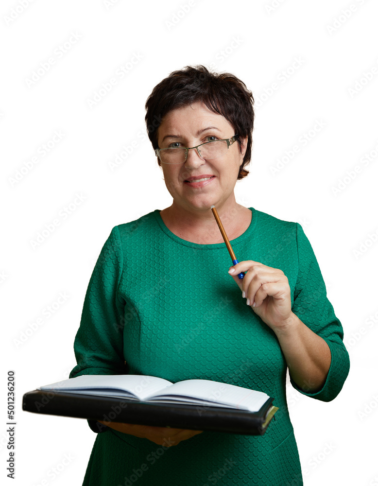 Wall mural Portrait of Caucasian Mature female teacher standing on white background