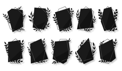 Botanical polygonal frame leafy vintage gothic flat set. Dark exquisite signage important event mourning. Mood black color elegant blank sticker flyer background various 3d shape geometric isolated