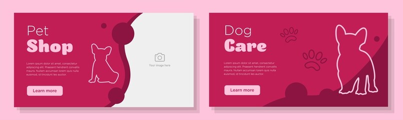 Dog care service online banner template set, cute pet shop advertisement, horizontal ad, dog animal paws campaign webpage, flyer, creative brochure, isolated on background