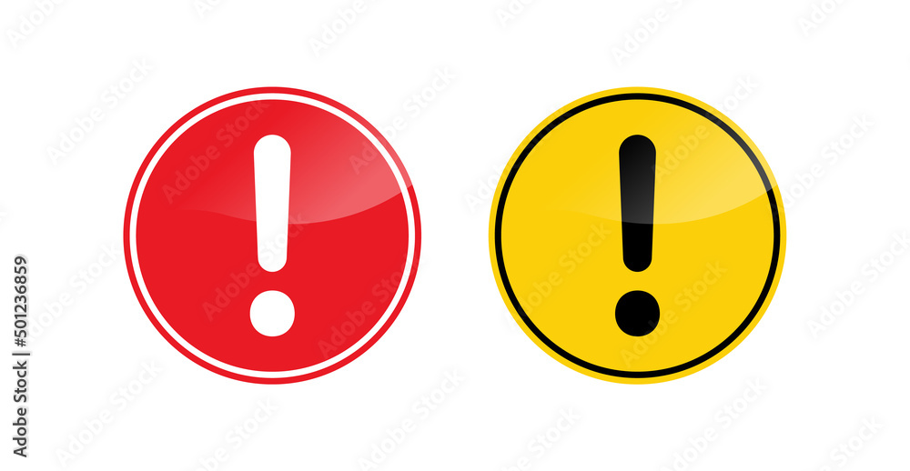 Poster exclamation mark sign icon in yellow and red circle modern light frame , caution warning attention signs