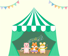 cute animals icon in the circus illustration set. tent icon, kid, kindergarten class, music note, garland. Vector drawing. Hand drawn style.