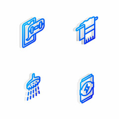 Set Isometric line Towel on hanger, Fitness app, Shower and Energy drink icon. Vector