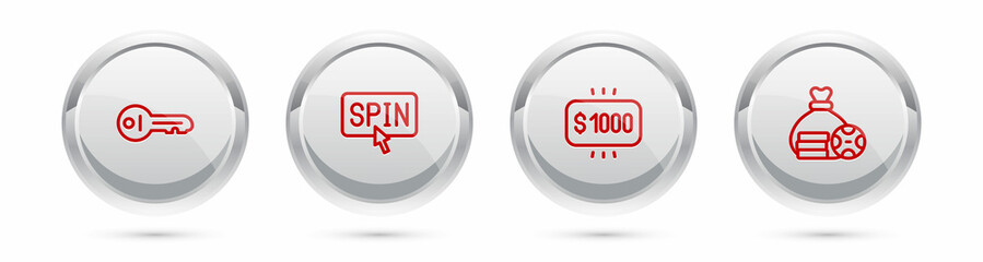 Set line Old key, Slot machine spin button, Money prize casino and bag. Silver circle button. Vector