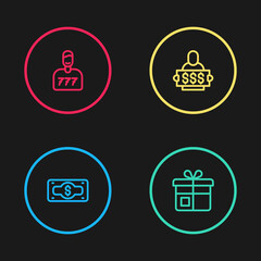 Set line Stacks paper money cash, Gift box, Winner holding prize ticket and Lucky player icon. Vector