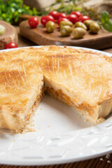 Close up piece of Chicken pie with cottage cheese, tomatoes, onion and olives on wooden table and white plate