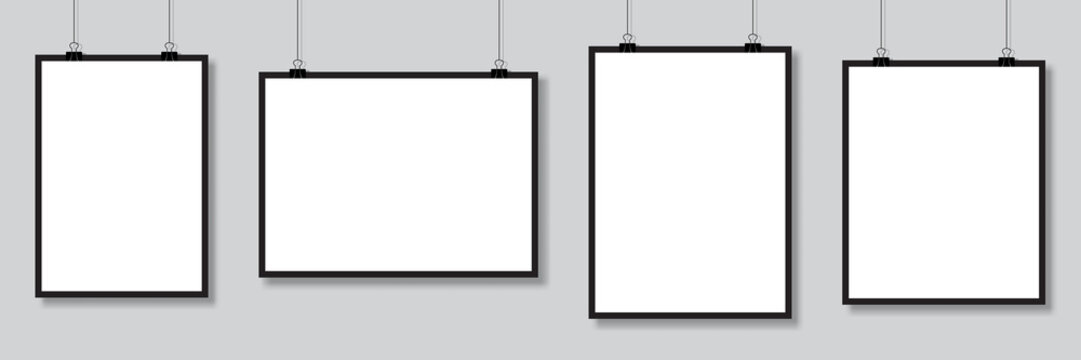 Set of mockups hanging on the wall. Vector poster mockup with white frame. Realistic empty banner. Vector illustration