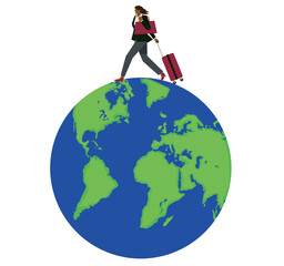 地球を渡り歩くスーツケースを持つビジネスマンのイメージのイラスト。海外出張、8等身の黒人女性