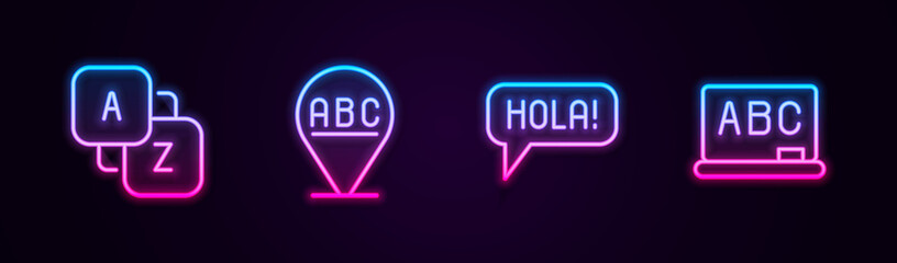 Set line Vocabulary, Alphabet, Hola in different languages and Chalkboard. Glowing neon icon. Vector © vector_v