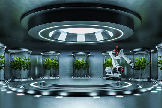 Hydroponics Lab Room On Spacecraft With Robots Taking Care.