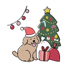 クリスマスツリーと犬のイラスト