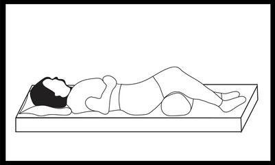 A schematically drawn woman lying in the correct sleeping position with a roller under her knees, on a mattress.