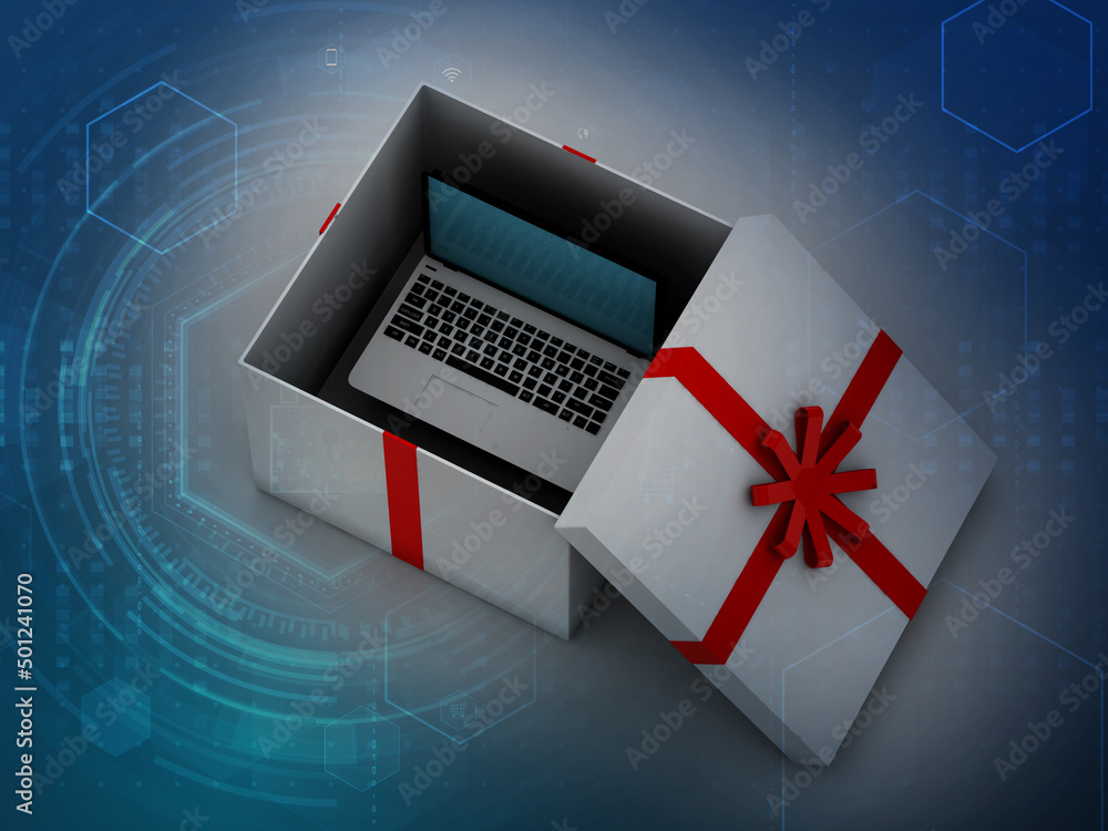 Poster 3d rendering laptop unboxing with digital background
