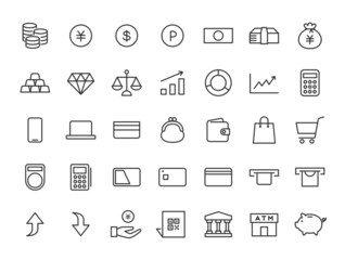 お金や金融に関する線画アイコンセット