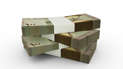 3d rendering of Stack of Omani rial notes. Few bundles of Omani currency isolated on white background