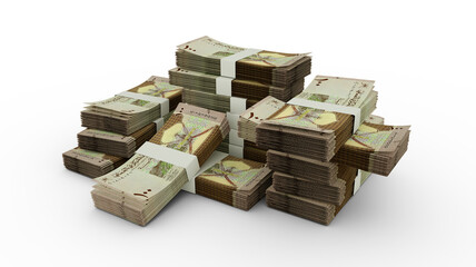 Omani rial notes. 3D rendering of bundles of banknotes