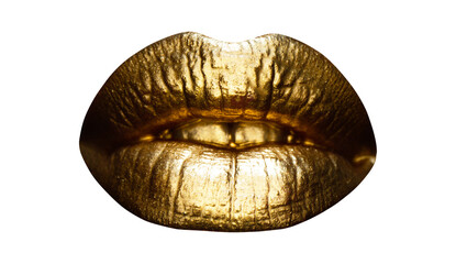 Sensual woman golden lips. Womans natural gold lip. Girl mouth close up with golden lipstick. Isolated on white background.