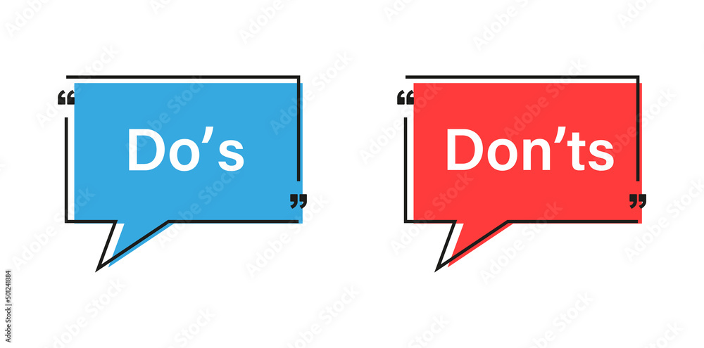 Aufkleber Dos and donts icons with speech bubble - thumbs up or thumb down. Like or dislike - do's and don'ts bubble - true or false - Dos and dont	with quote box frame speech bubble and quotes icons