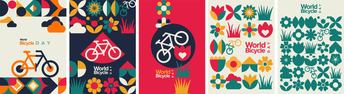 World bicycle day poster template. Book cover and background geometric shape. Vector illustration.