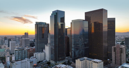 Los Angeles skyline and skyscrapers. Downtown Los Angeles aerial view, business centre of the city, business center office building.