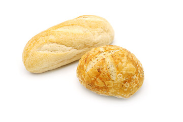 Rosemary baguette and mini baguette on white background.  