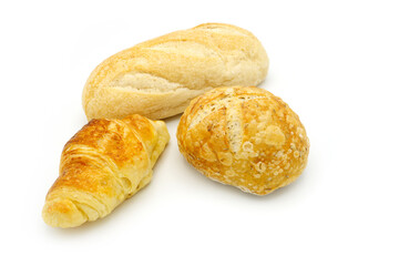 Rosemary baguette and mini baguette and croissant on white background.  