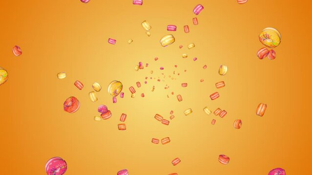 Donuts flying Loop background. Lots of flying sugar donuts heap. Tasty sweet doughnut falling. Bakery and junk food, healthy lifestyle and breakfast concept. Junk snacks break decorated with sweets.