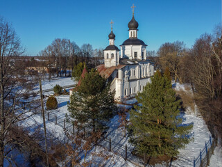 Russia, Moscow region, Borodino,the Church of the Smolensk Icon of the Mother of God on a sunny spring day. Aerial photography.