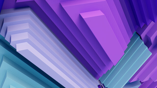 Purple and Turquoise Tech Background with a Geometric 3D Structure. Clean, Stepped design with Extruded Futuristic Forms. 3D Render.