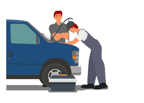 A car owner is waiting for his car repaired by a car mechanic. Simple flat illustration.
