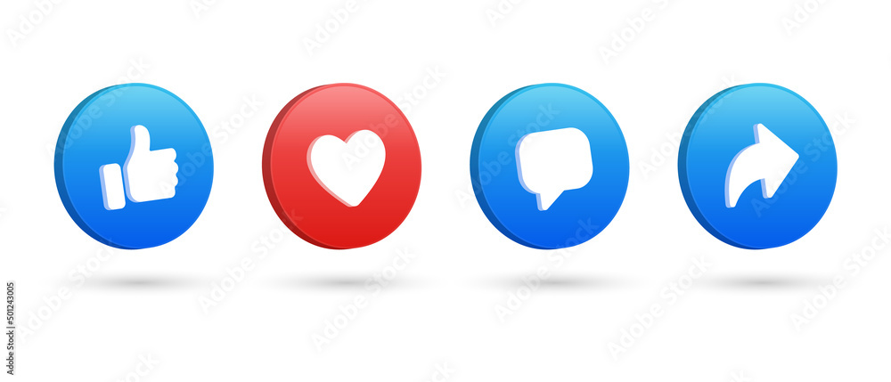 Poster 3d social media notification icons, like love comment share buttons in 3d modern style, thumb up and