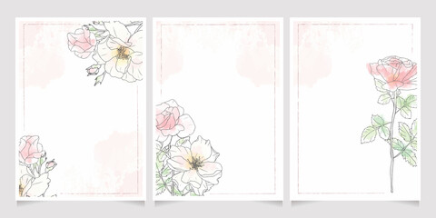 pink loose watercolor line art rose flower bouquet frame 5x7 invitation card wash splash background template collection