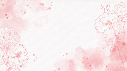 Fototapeta na wymiar pink watercolor splash background with line art rose