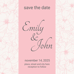 pink doodle line art peony flower minimal square banner or wedding invitation template background