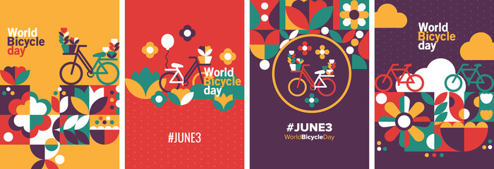 World bicycle day poster geometric template. June 3 international bicycle holiday. Vector illustration