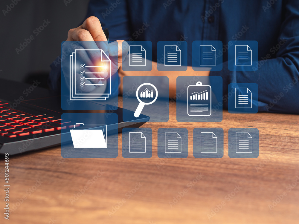 Poster businessman in a blue shirt working at digital documents with checkbox lists on virtual screen